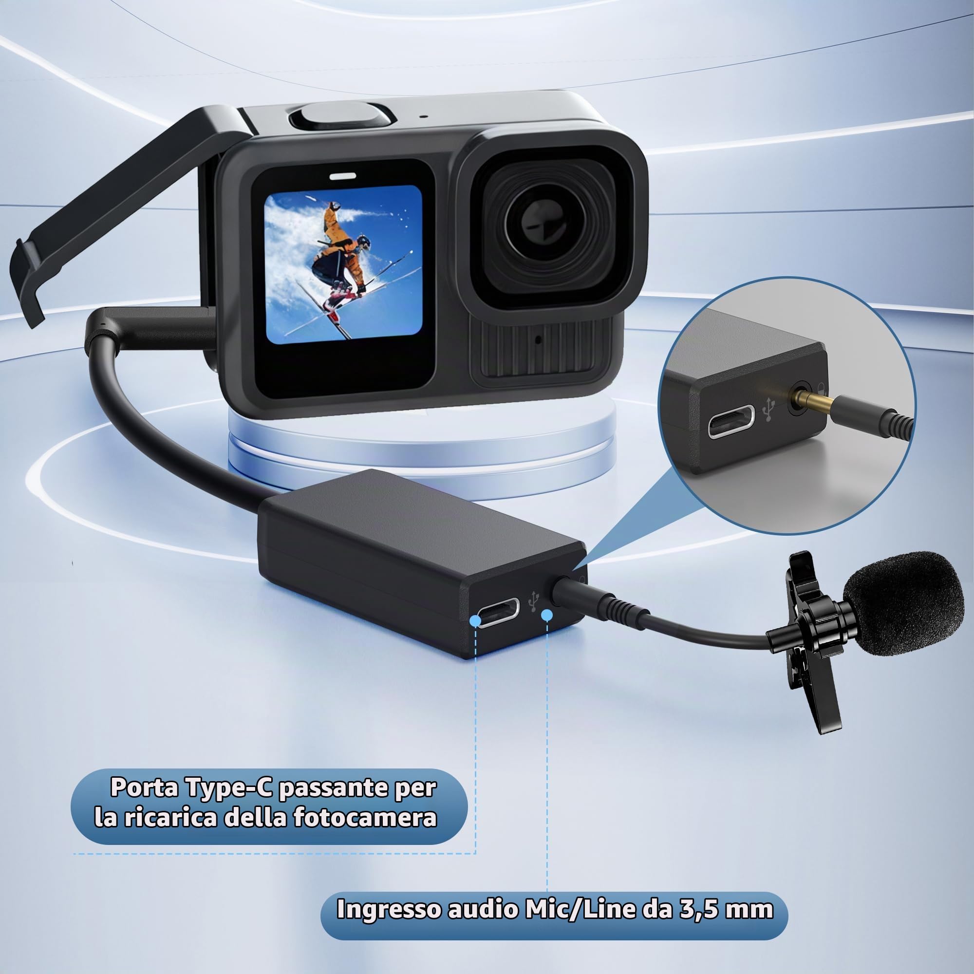 Adattatore microfono esterno con connettore di tipo C per fotocamera GoPro Hero tutte le serie converte microfono da 3,5 mm