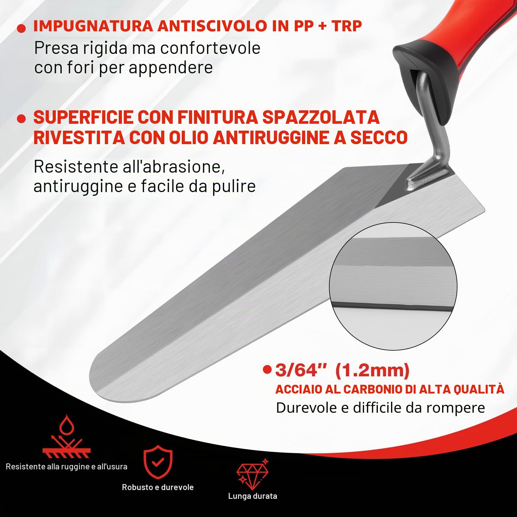 SHALL Set di 3 cazzuola di finitura con impugnatura morbida, cazzuola per fughe, cazzuola di misurazione, cazzuola per margini, utensili per muratori con impugnatura morbida