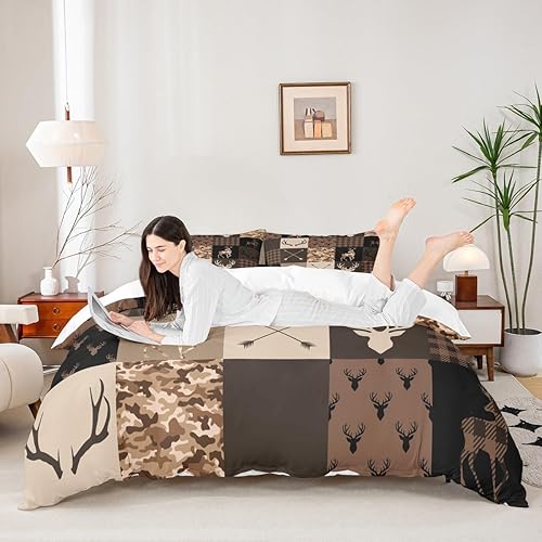 Antler Silhouette Kids Duvet Cover Set Queen Size,Camo Brown Rustic Bedding Set,Girls Boys Adults Xmas Cottage Decor,Stylish Plaid Grids Comforter Cover,Arrows Boho Quilt Cover,3pcs,2 Pillowcases