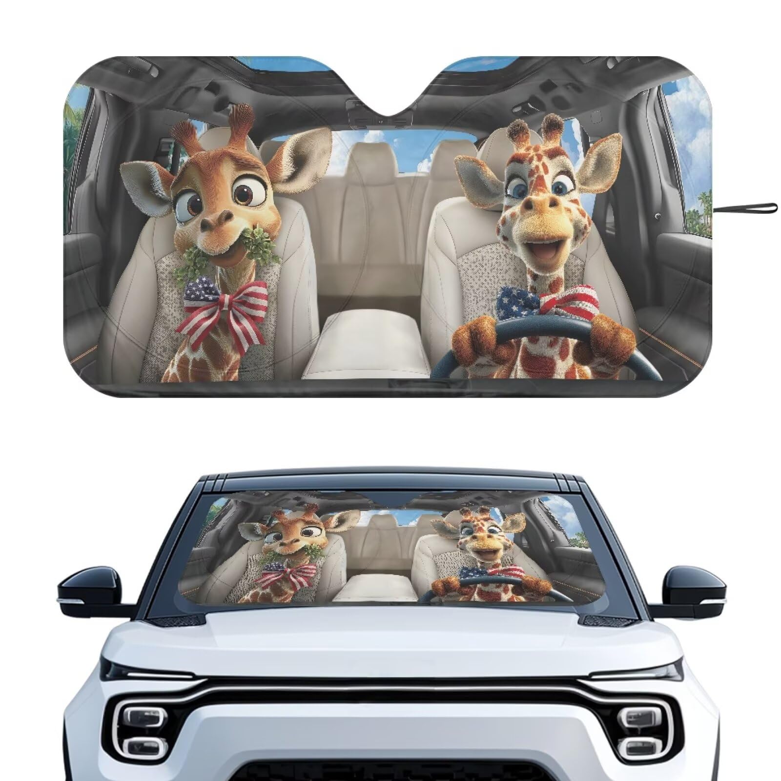 4th of July Giraffe Car Front Windshield Sun Shade Reflect UV Sun and Heat Foldable Car Windshield Sunshades Interior Accessories Sun Protection Universal Vehicle Accessories