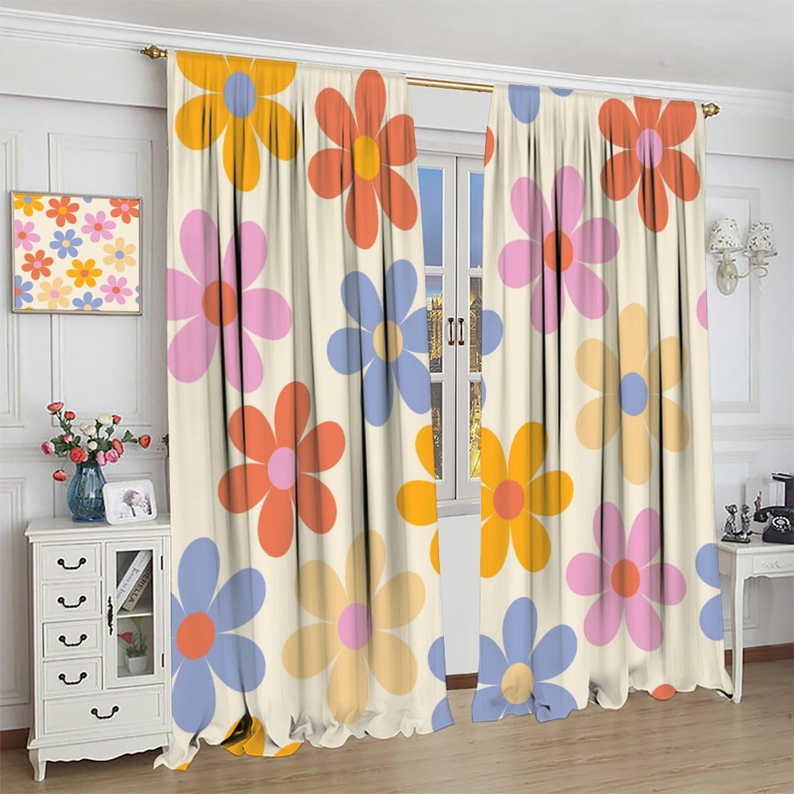 Yoakiet 70s Boho Flower Curtains - Retro Groovy Print Blackout Drapes, 52x84 Inch, Rod Pocket For Living Room, Bedroom