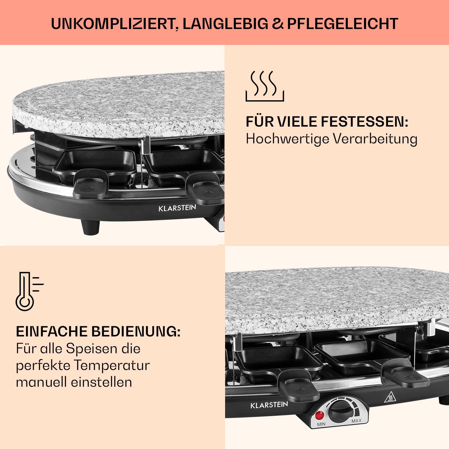 Klarstein Raclette-Tischgrill für 8 Personen mit Steinplatte, Großer , 1500W -Grill, Gerät mit 8 Pfännchen, -Ofen Groß für Käse & Fleisch für 4-8 Personen
