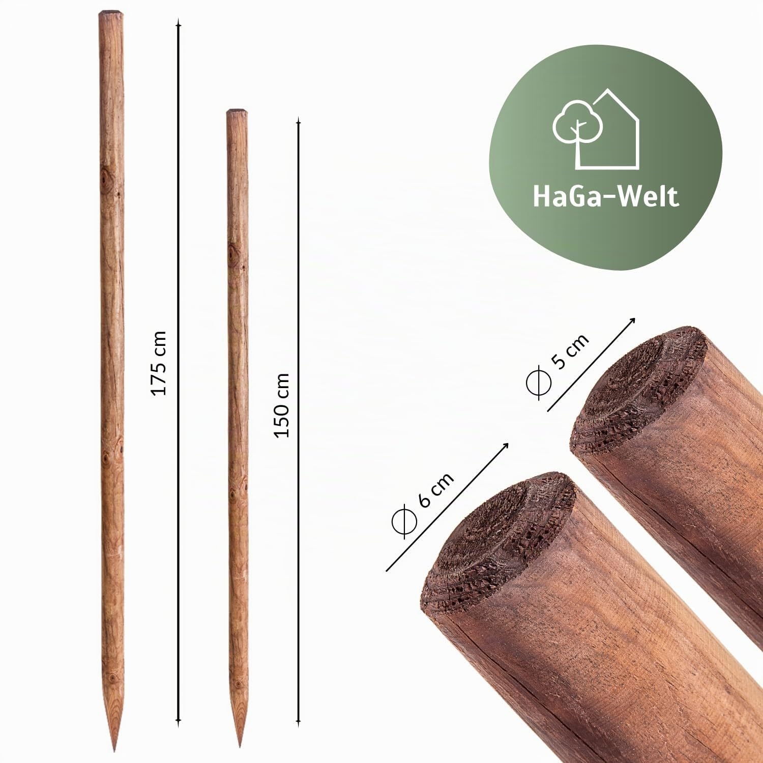 HaGa® Lot de 10 piquets en bois de pin - Diamètre : 6 cm - Hauteur : 175 cm - Résistant aux intempéries