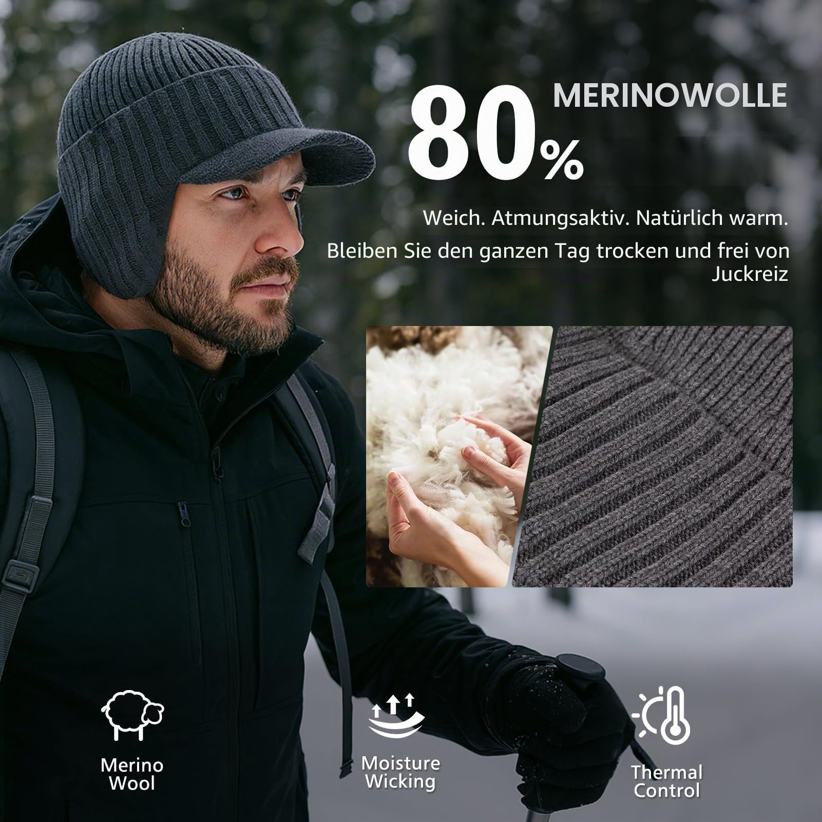 TOP-EX DryKnit Wasserdichte 80% Merinowolle, Schirmmütze für Herren, mit Ohrenklappen & Fleece gefüttert, Winter-Thermo-Golfvisier, Beanie-Mütze für kaltes Wetter, M-XXL