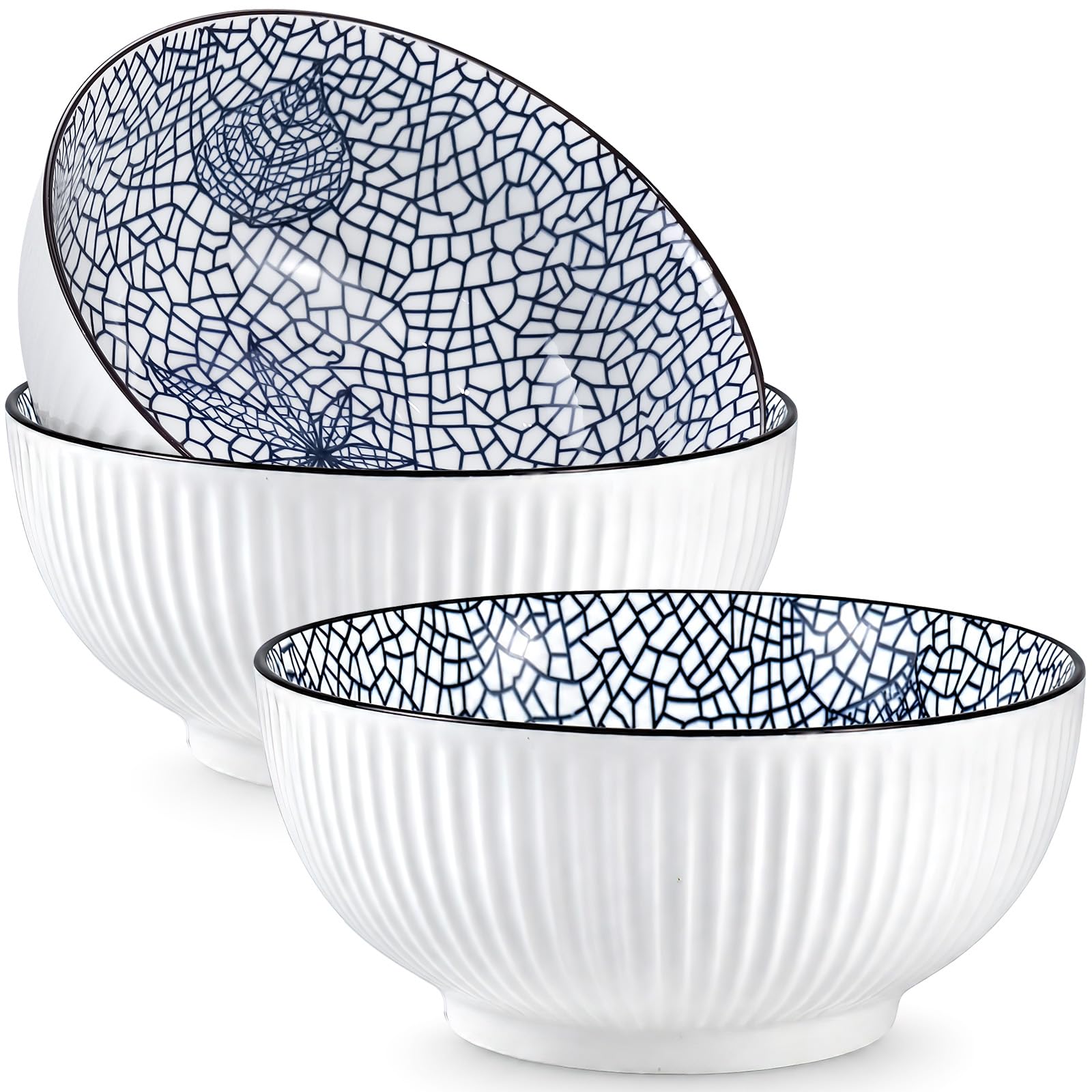 MSYU Lot de 3 grands bols à soupe en porcelaine de 21 cm, bols à ramen japonais en céramique bleue et blanche (motif feuilles)
