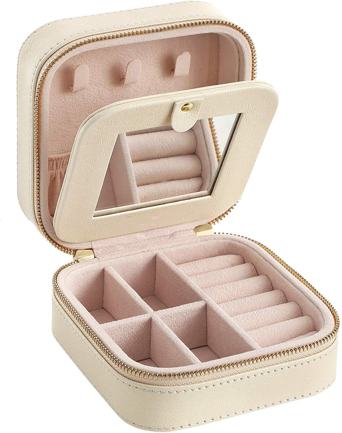 LHZTZKA Small Travel Jewellery Case with Mirror and Double Zipper for Rings Earrings Bracelets Necklaces, Beige
