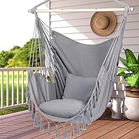 Vista 32 de Y- STOP Silla Hamaca Colgante Columpio de Cuerda, Máximo 500 Libras, 2 Cojines Incluidos, Silla Colgante Grande de Macramé con Bolsillo, Tejido
