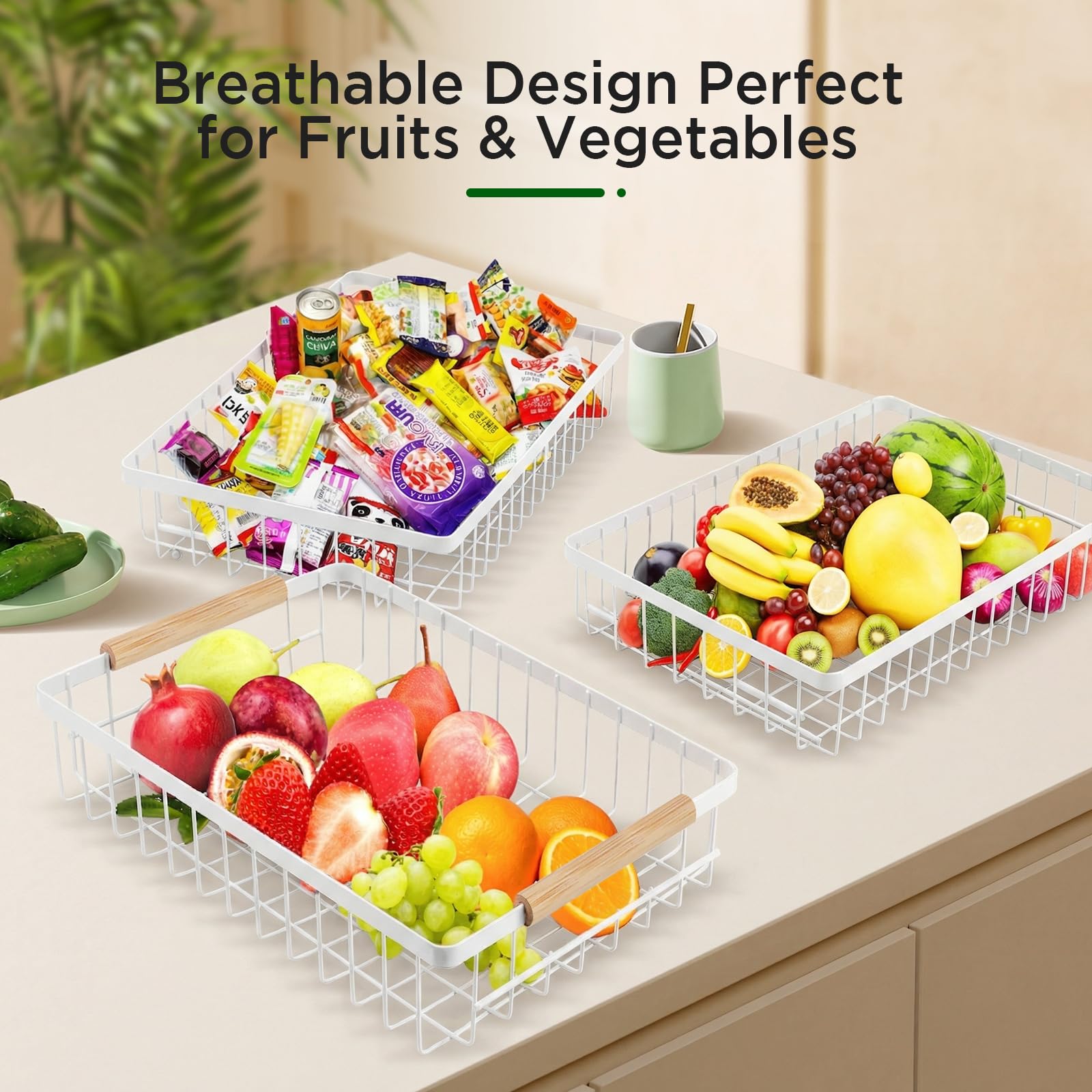 VINATO Portafrutta 3 Ripiani Metallo Fruttiera Moderna Maniglie Legno