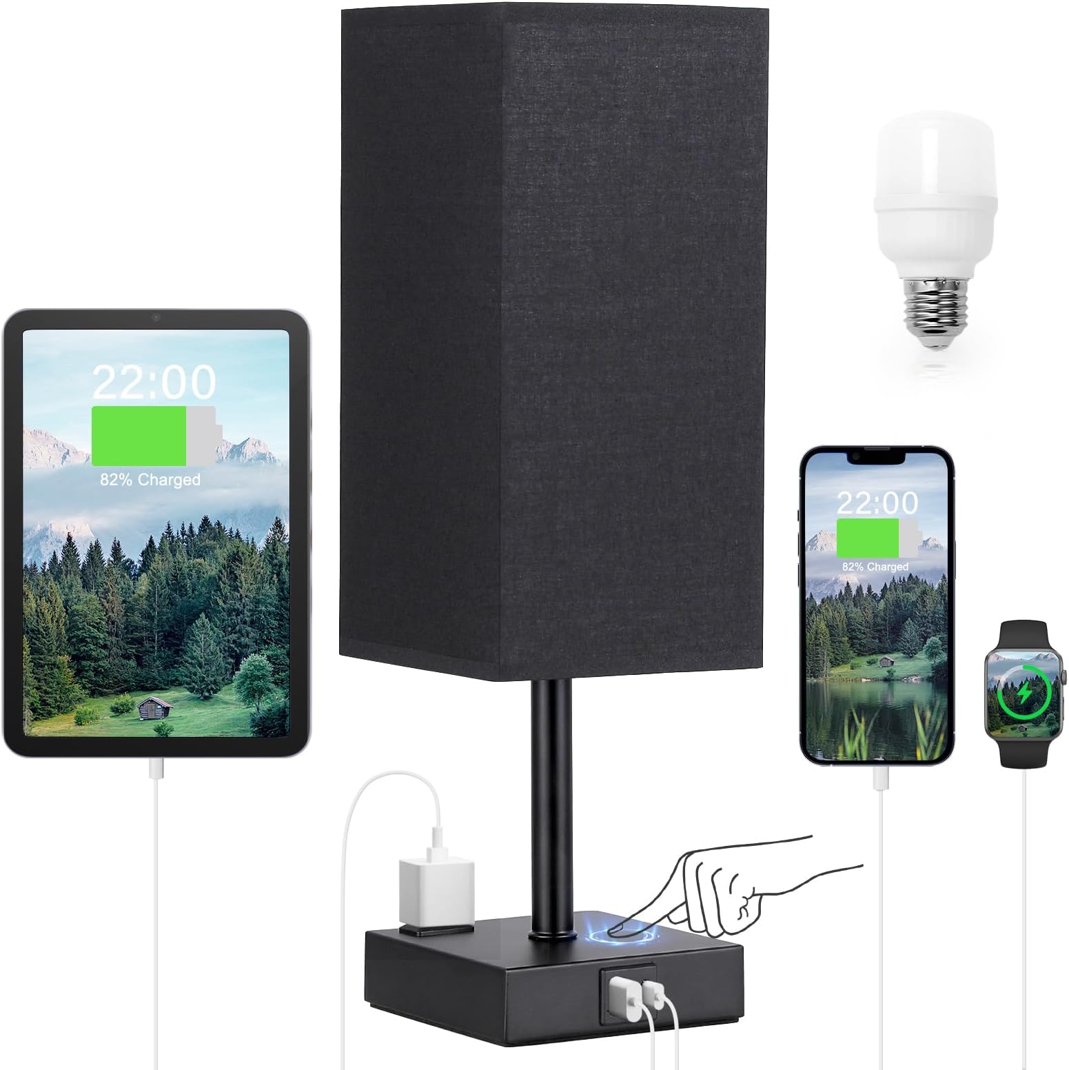 - Black Lamp for Bedroom-Touch Lamp with USB-C+A and AC Outlets,3 Way Bedside Nightstand Square Table Lamp for Kids, Guest Room Living Rroom,Office, 800 Lumens 5000K Daylight Bulbs Included