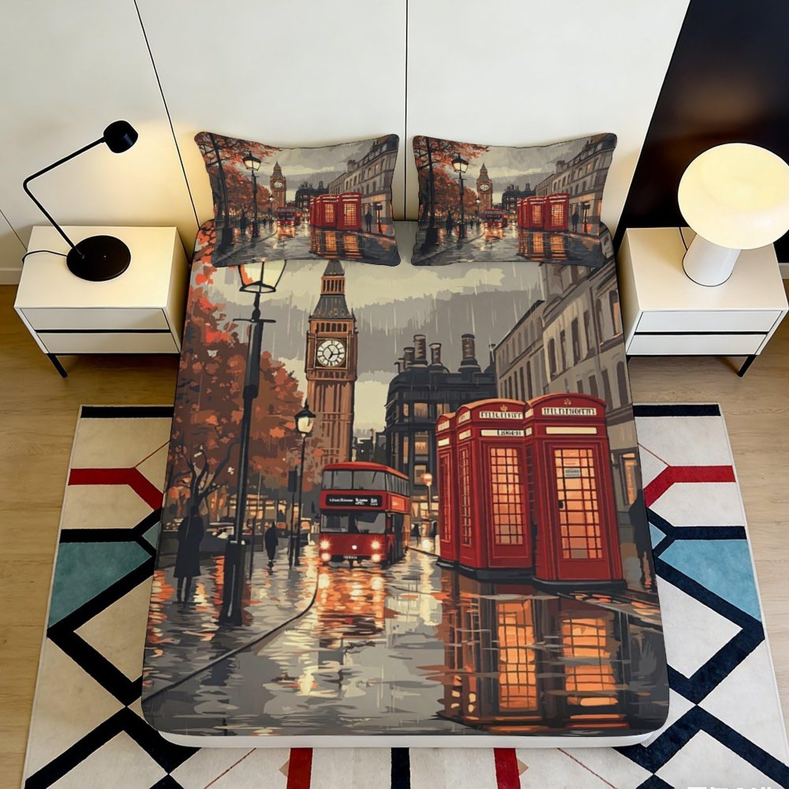 Uynsixtme Style-9 3D Printed London Street Fitted Sheet Microfiber Deep Pocket Non-Slip Bedding Set London Mattress Fitted Cover For Bedroom Home 140X200x25cm