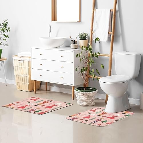Miniatura 7 de Juego de 2 tapetes de baño con diseño de cascanueces de árbol rosa, suave, absorbente, lavable a máquina, juego de alfombras de baño antideslizantes