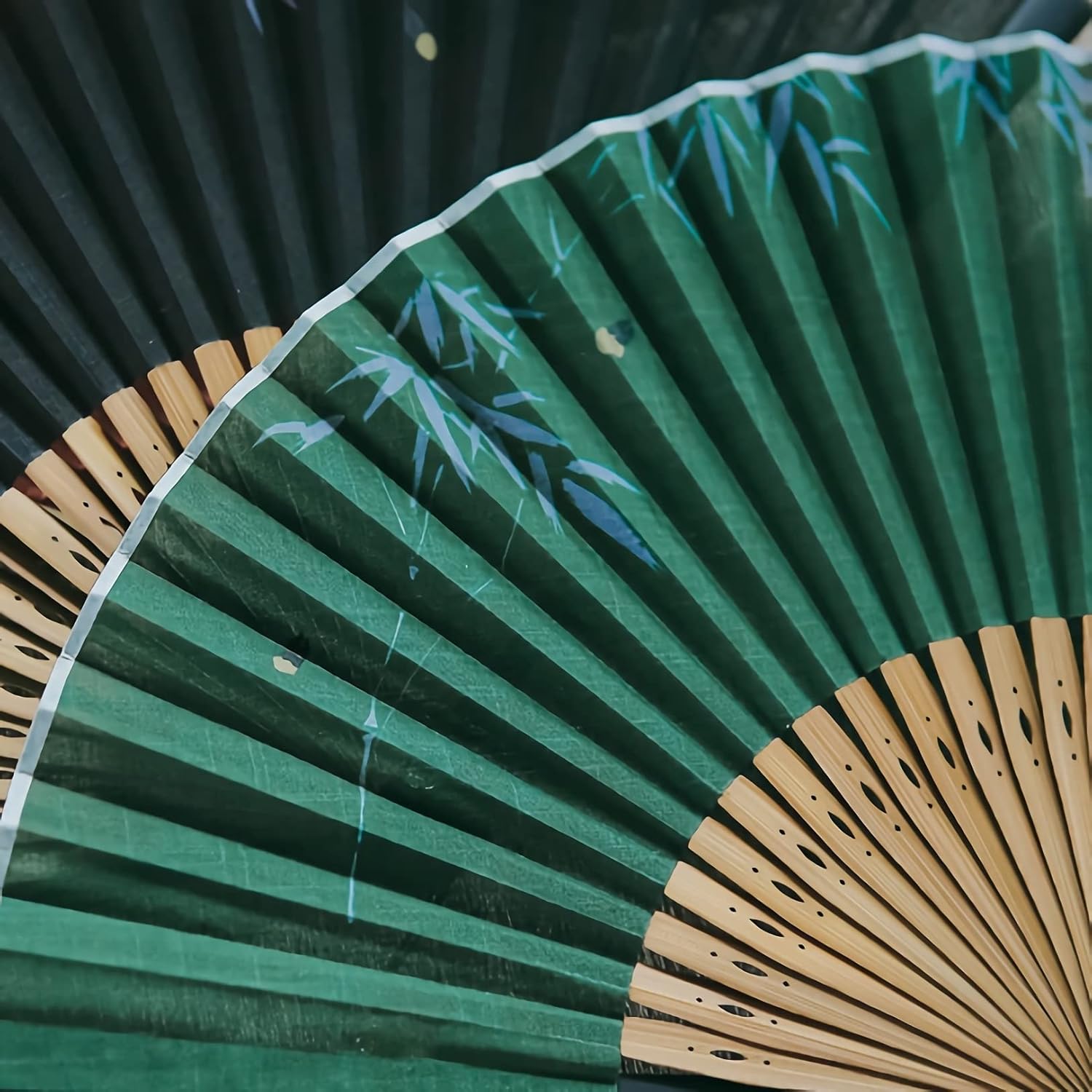 Hand fan foldable,Japanese Bamboo Leaf Pattern Hand Fan, Dark Green Folding Fan with Tassel, Portable Folded Fan for Men
