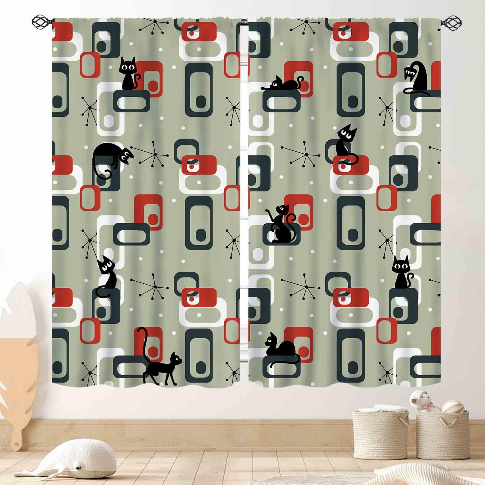Mid Century Cat Curtains, Modern Abstract Atomic Geometric Print Lovely Black Kittey Retro 1950s 1960s Pastel Blackout Window Drapery Treatments for