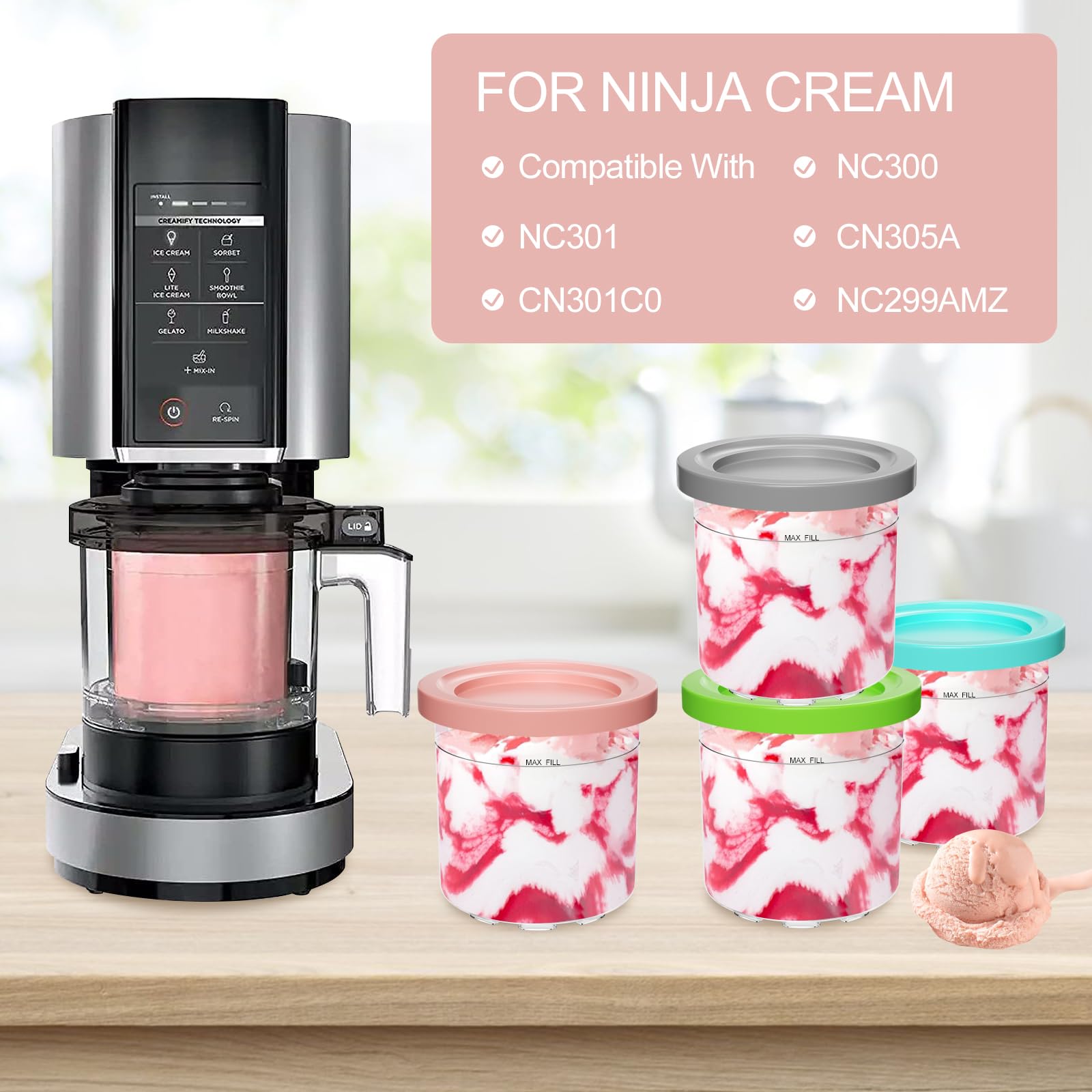 4 Pezzi Contenitori per Gelato, Contenitore Cream Compatibile con Macchine del Gelato Ninja NC301 NC300 NC299AMZ, Vaschette per Gelato Fatto in Casa, Senza BPA, Lavabile in Lavastoviglie