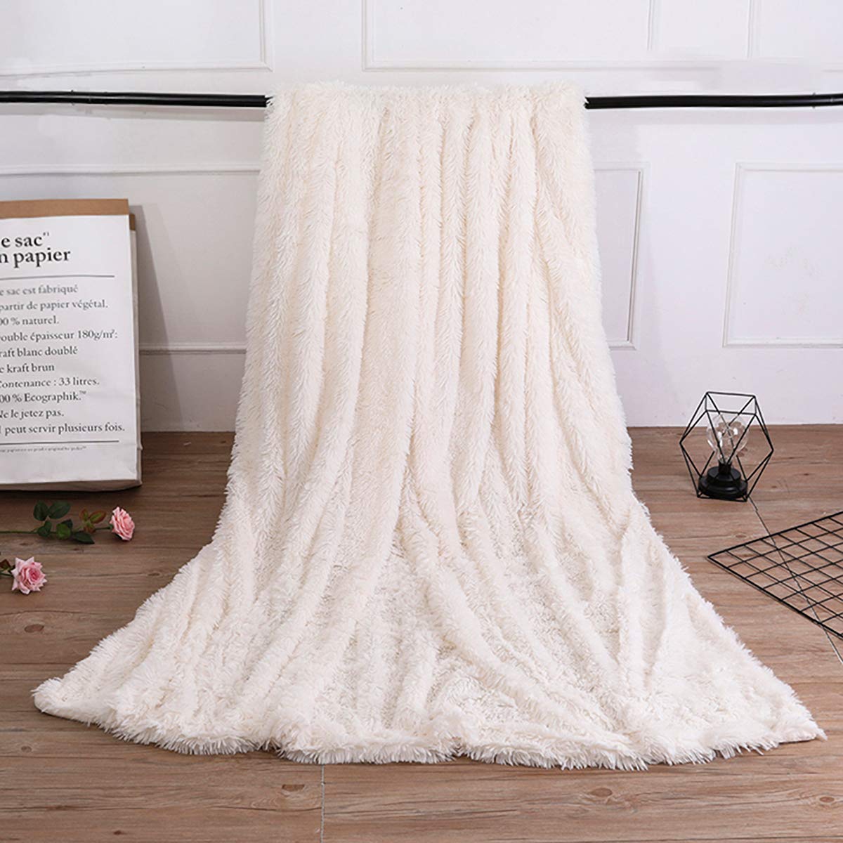 Quenlife Luxury Long Shaggy Throw Blanket Large Size Warm Soft Thick Fluffy Sofa Sherpa Blankets, Cream, 50x60 inch
