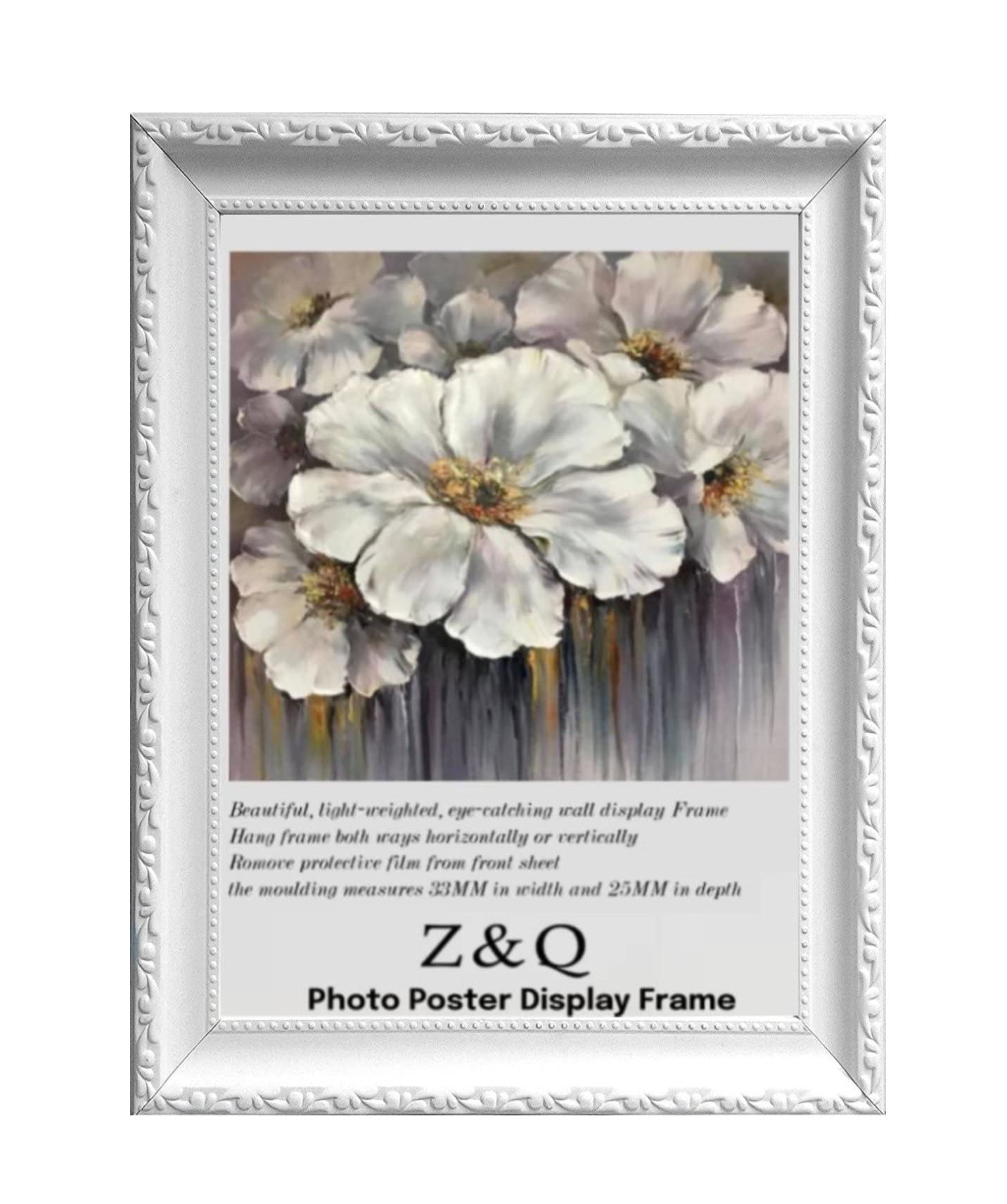 Z&Q Ornate Shabby Chic White Frame A1-59.4 × 84.1 cm Vintage Design Photo Poster Display Wall Hanging For Print Picture With Clear Perspex MDF backboard