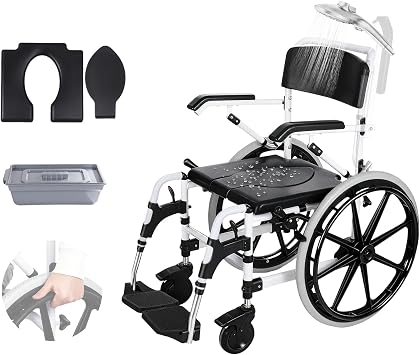 Self-Propelled Shower Wheelchair, Bedside Commode Chair with 22" Wheels, Bathroom Wheelchair for Inside Shower, Swivel Armrests, Waterproof Transport Wheelchair for Disabled&Elderly, 300LBS