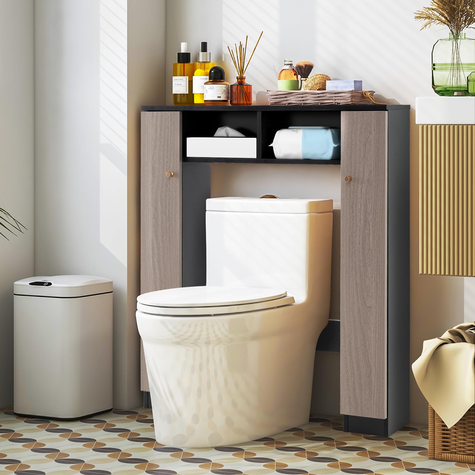 COSTWAY Meuble WC Au-Dessus de Toilettes, Meuble de Rangement avec 2 Compartiments Ouverts, 2 Placard avec 4 Étagères Réglables, Dispositif Anti-basculement, 18 x 87,5 x 98 cm (Gris+Noir)