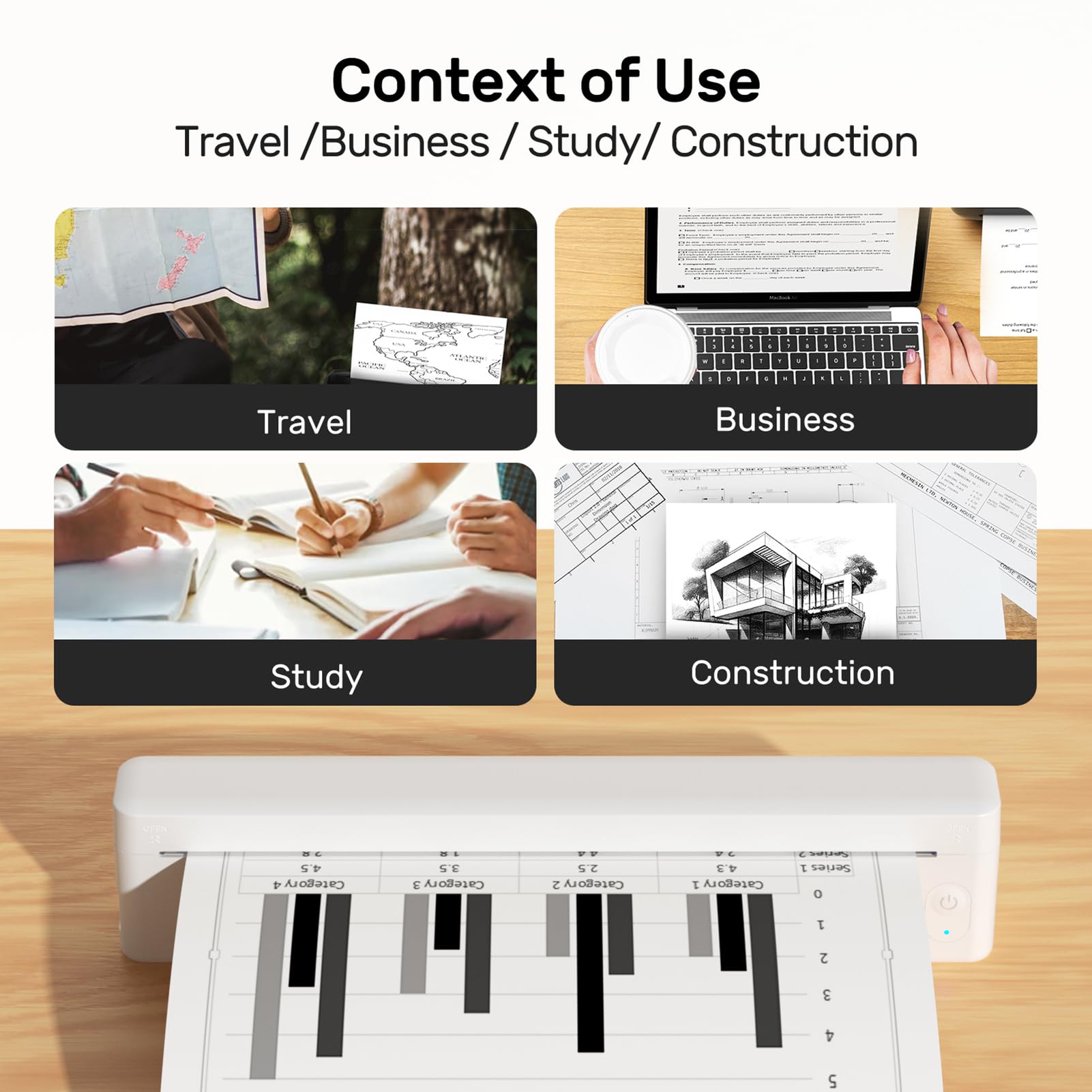 Bisofice D83 Stampante Termica A4 Bluetooth Portatile per Ufficio Viaggi Casa Bianco