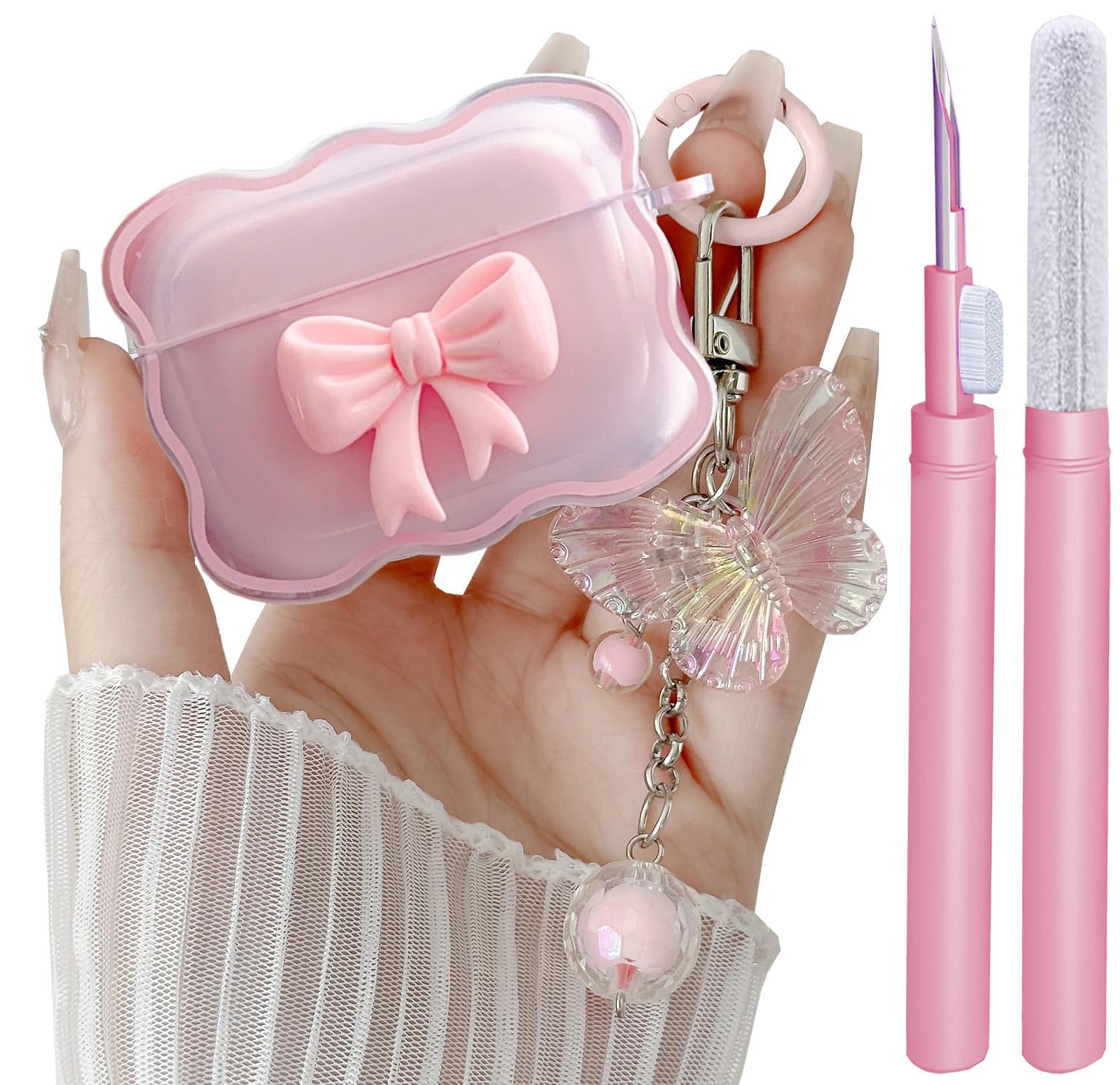 Compatible with AirPods Pro 2/1 Clear Case Cute Pink, 3D Bow Pattern Desiged iPods Pro 2 Cases with Butterfly Keychain, Soft TPU Protective Case and