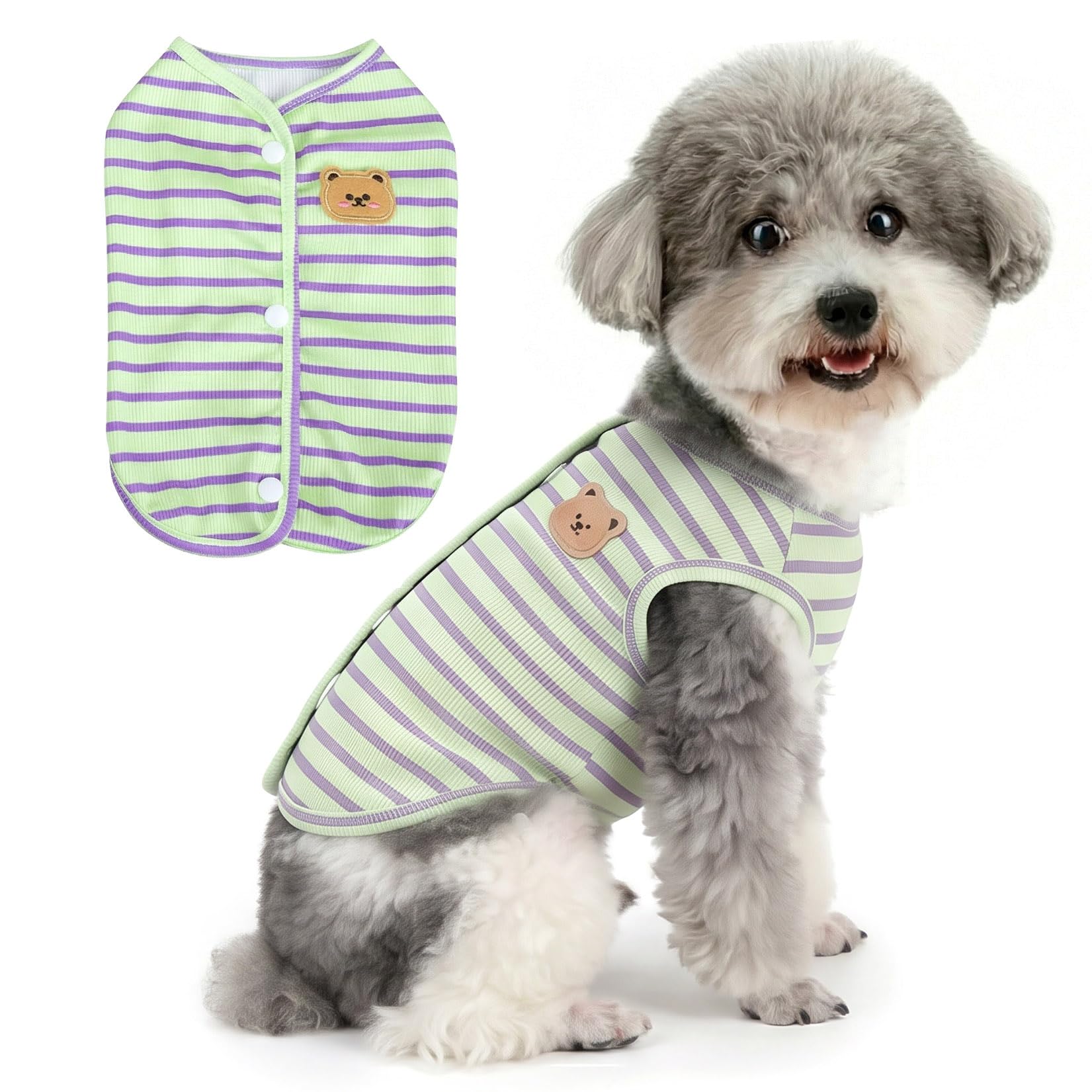 Zunea Striped Dog Shirts for Small Dogs Soft Breathable Summer Vest T-Shirt Puppy Clothes Cute Bear Daily Wear Pet Apparel for Chihuahua Yorkie Green M