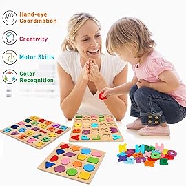 Attmu Wooden Puzzles for Toddlers 3 4 5 Year Old, Alphabet Number Puzzle Shape ABC Puzzle, 3 in 1 Preschool Educational Learning Toys with Puzzle Board for Girls Boys Set of 3