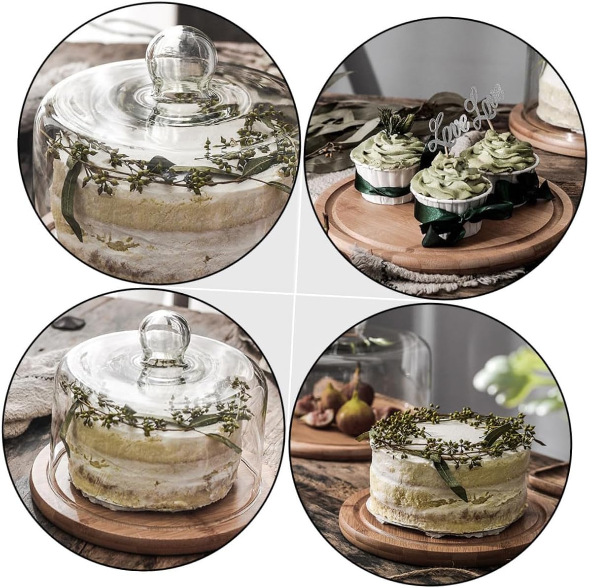 Glass Cake Cover with Large Wooden Tray, Food Protective Dome Display for Dessert, Bakery, and Pastry Serving in Kitchen and Dining Settings