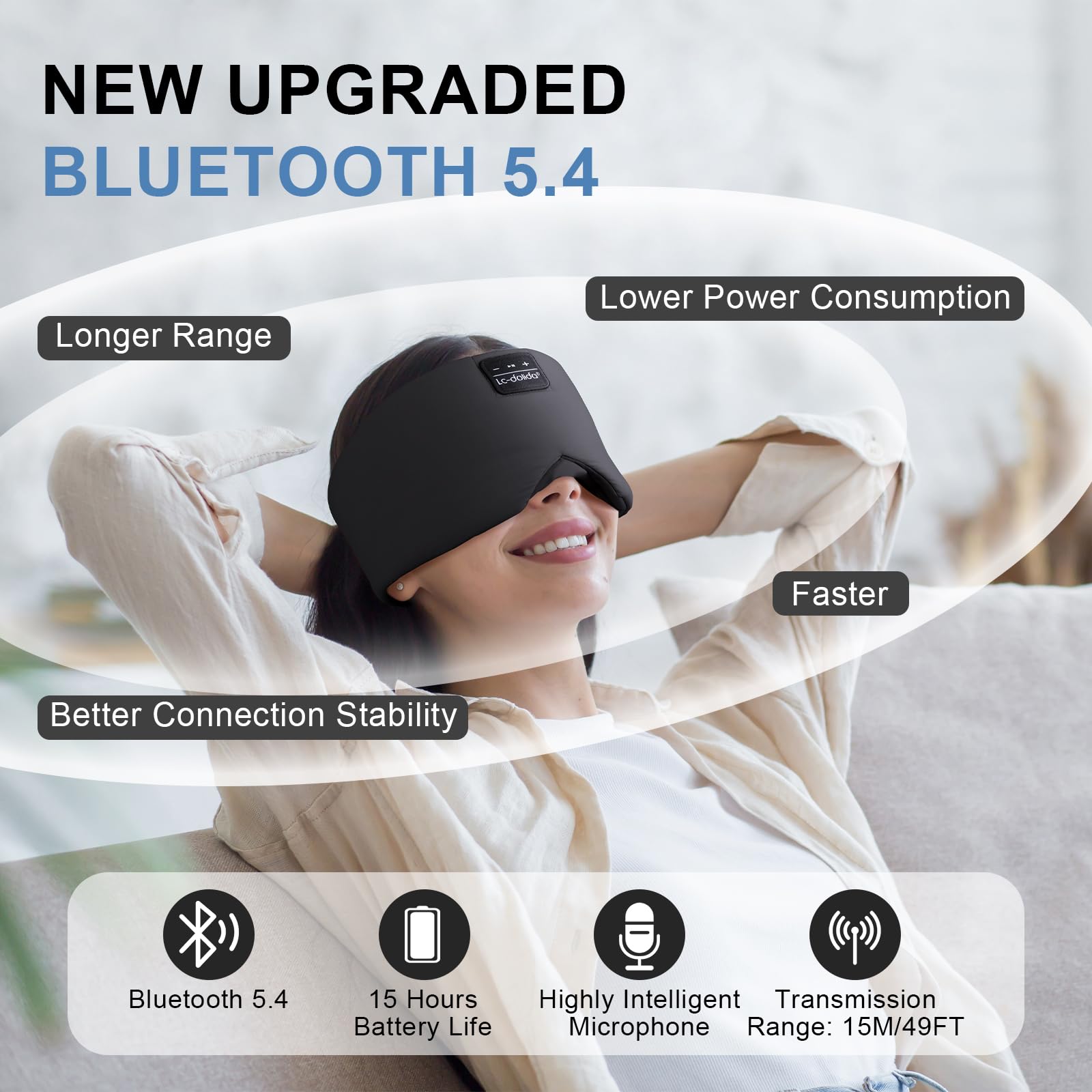 LC-dolida Masque de sommeil Bluetooth, casque de sommeil élargi amélioré avec casque sans fil intégré pour homme et femme, casque de sommeil réglable pour les personnes dormant sur le côté, cadeau de