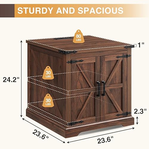Miniatura 2 de Mesa auxiliar de granja con estación de carga, mesa auxiliar grande de sofá de 24 pulgadas con puerta de granero, mesita de noche cuadrada de madera