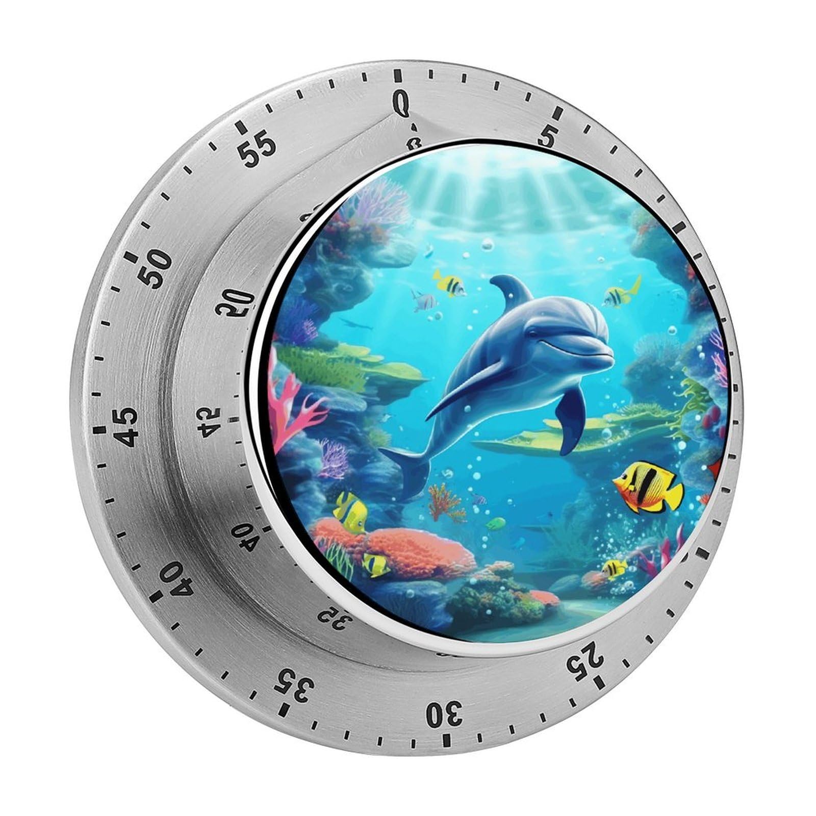 Ocean Underwater Dolphin Fish Timers Kitchen Chef Cooking Timers Portable Countdown Alarm Loud Countdown Clock Waterproof Stainless Steel Timer Compact 60-Minute Mechanical Timer Daily Use
