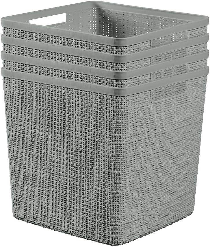 Curver Set of 4 Large Cube 17L Jute Decorative Plastic Organization and Storage Baskets - Perfect Bins for Home Office, Closet Shelves, Kitchen Pantry and All Bedroom Essentials, Grey