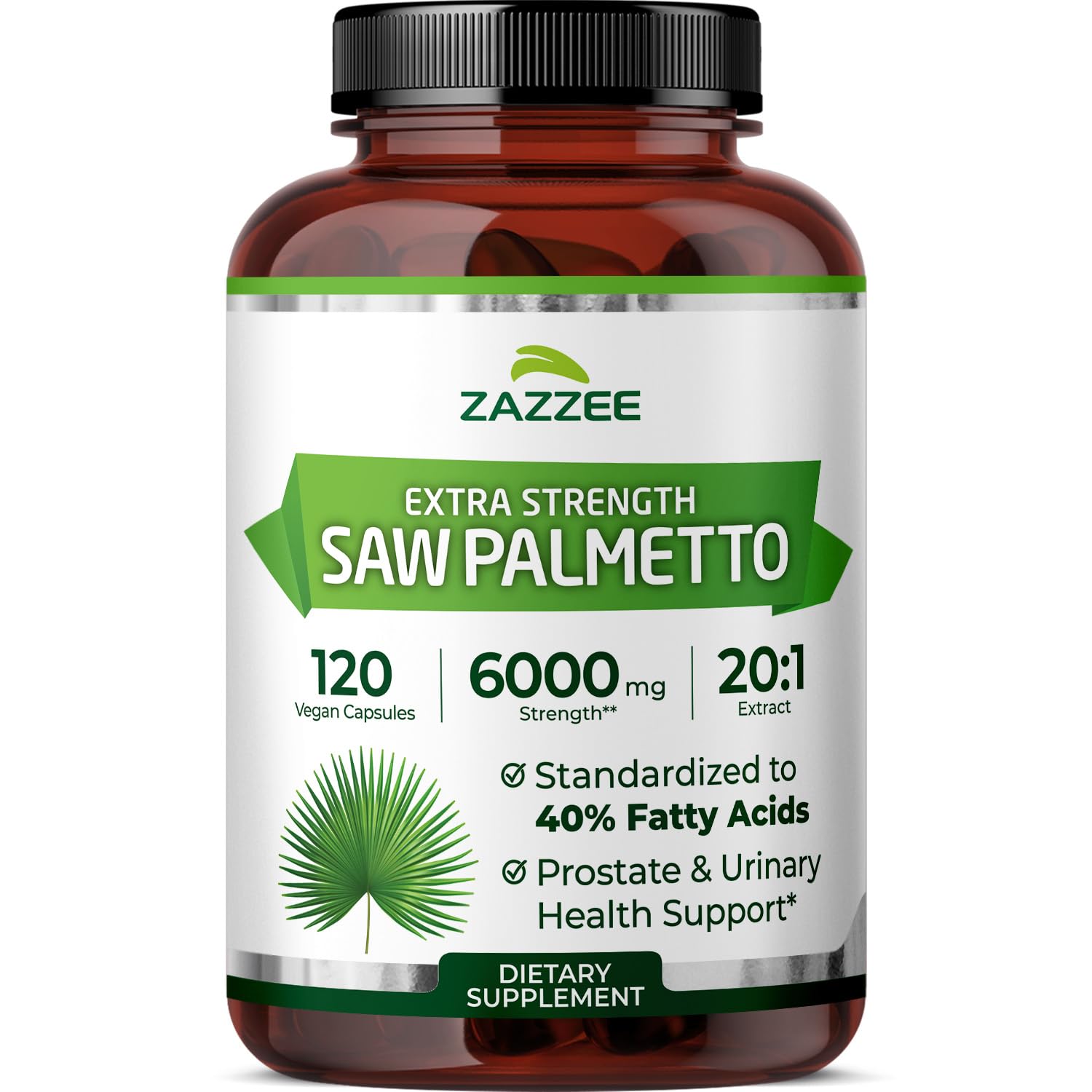 Zazzee Extra Strength Saw Palmetto 20:1 Extract, 6000 mg Strength, 40% Fatty Acids, 120 Vegan Capsules, 4 Month Supply, Concentrated and Standardized 20X Extract, Non-GMO, All-Natural, Made in the USA