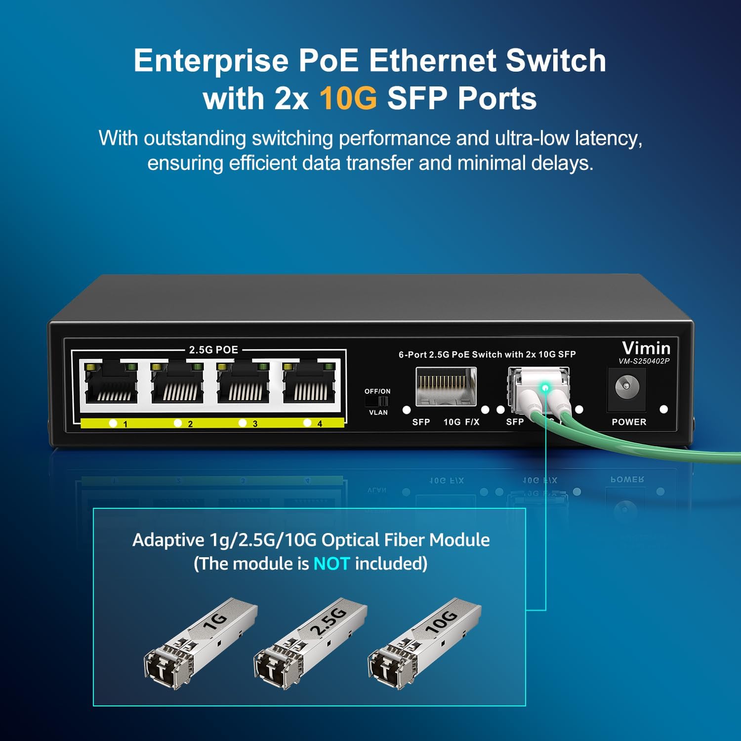 Close-up of the SFP ports on the VIMIN 6-Port 2.5G PoE Switch with an SFP module being inserted