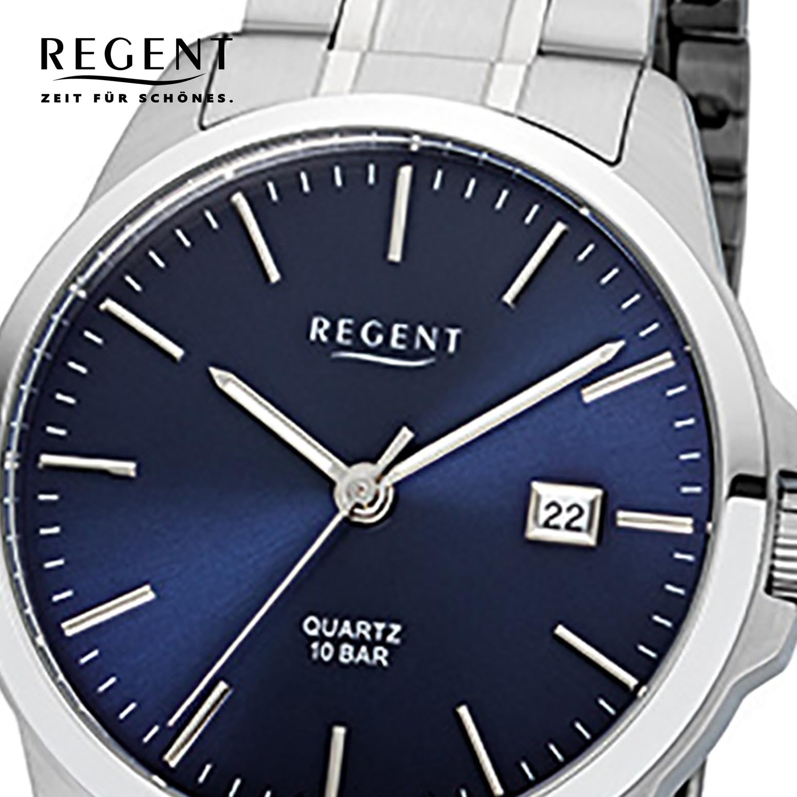 Regent Herren Armbanduhr aus Edelstahl in der Farbe Silber-Blau 39mm, Wasserdichtigkeit: 10Bar, 11150643