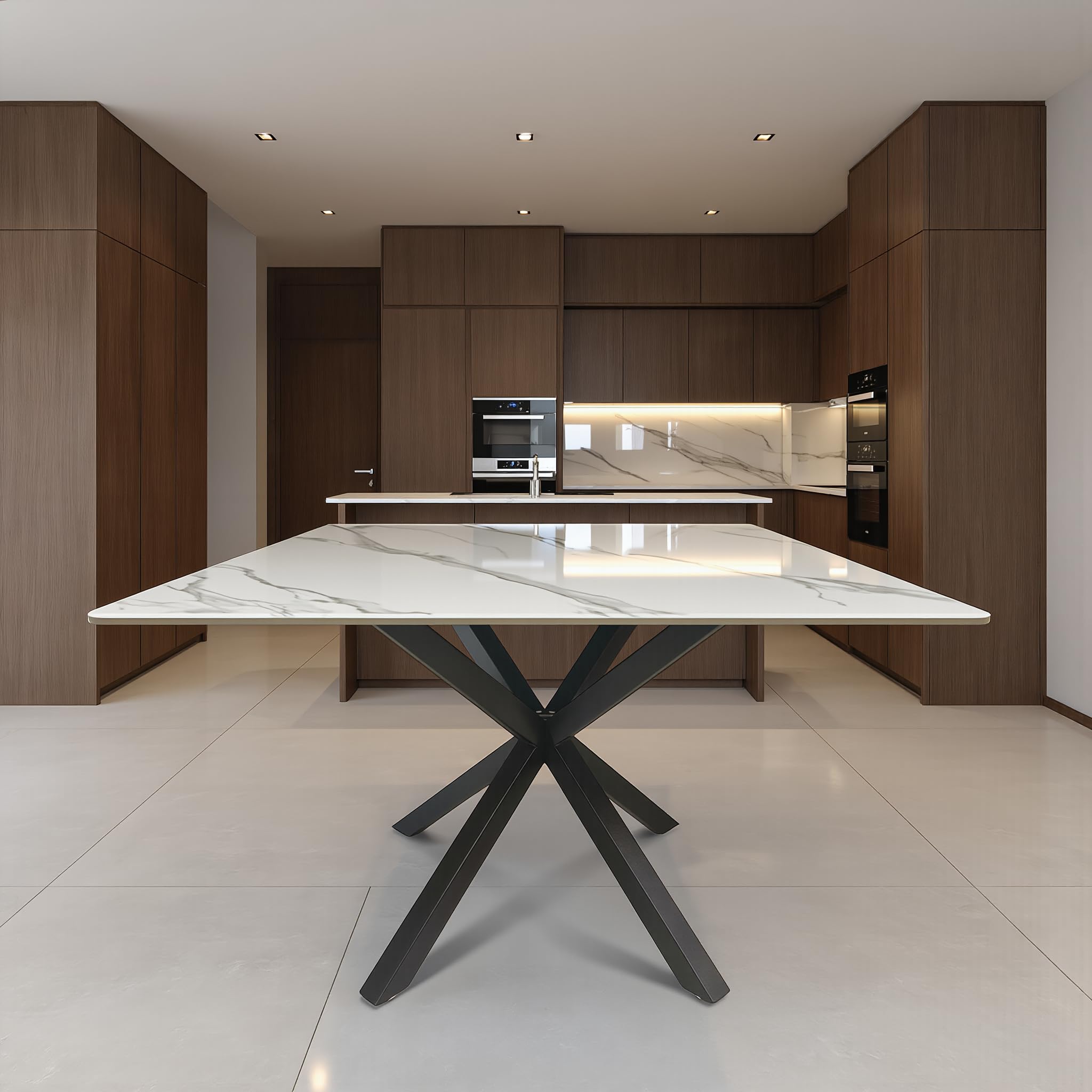 Tavolo da Pranzo in Ceramica Gres Porcellanato 150x90 cm – Piano Lucido Antigraffio Antimacchia – Gambe Incrociate Ferro Verniciato Nero – Finitura Pandora o Calacatta Bianco Marmo