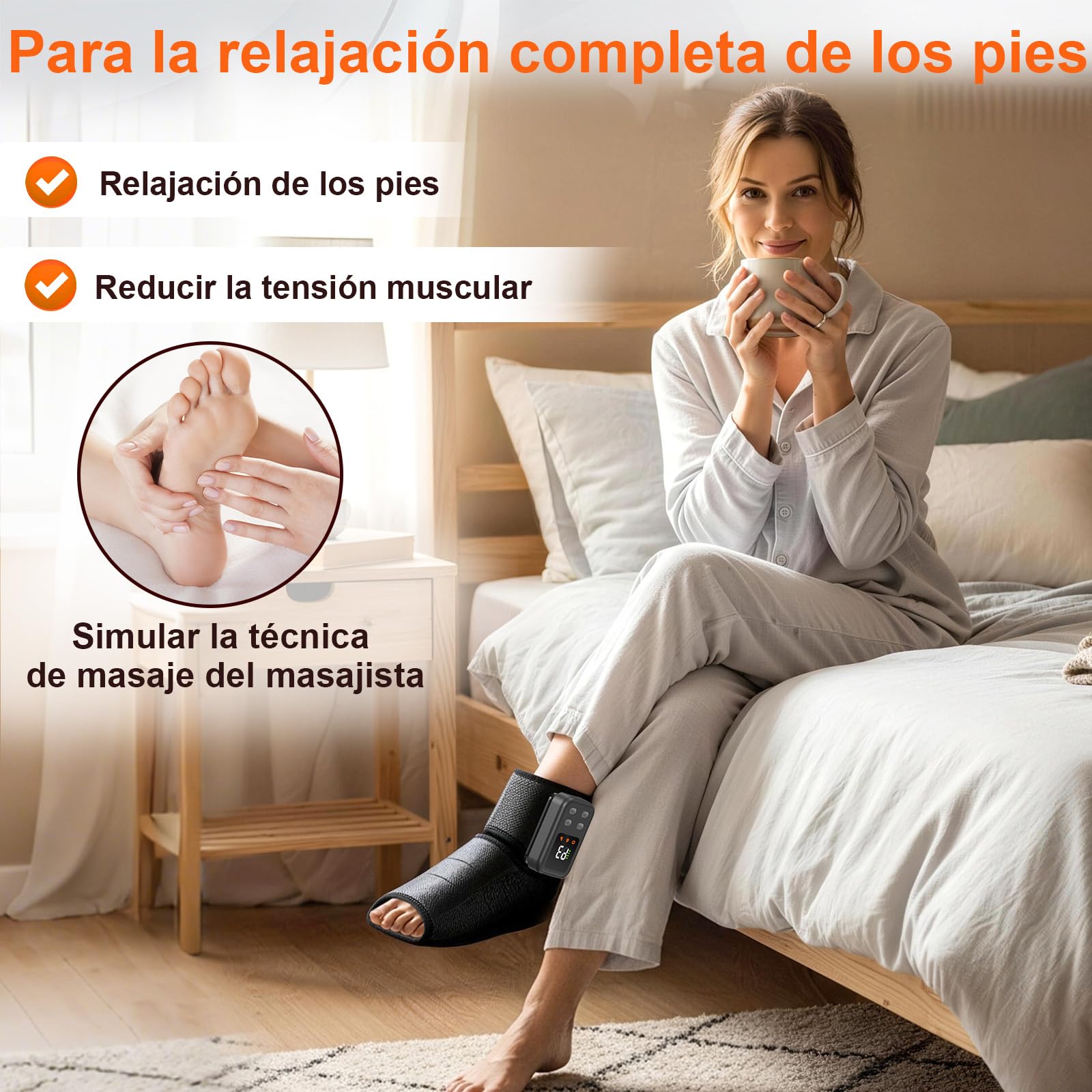 Masajeador Pies 3-en-1, Compresión, Calor, Vibración, 40-60°C | 3-en-1 con compresión, calor & vibración, 40-60°C, para planta, empeine & tobillos – relajante y reconfortante.