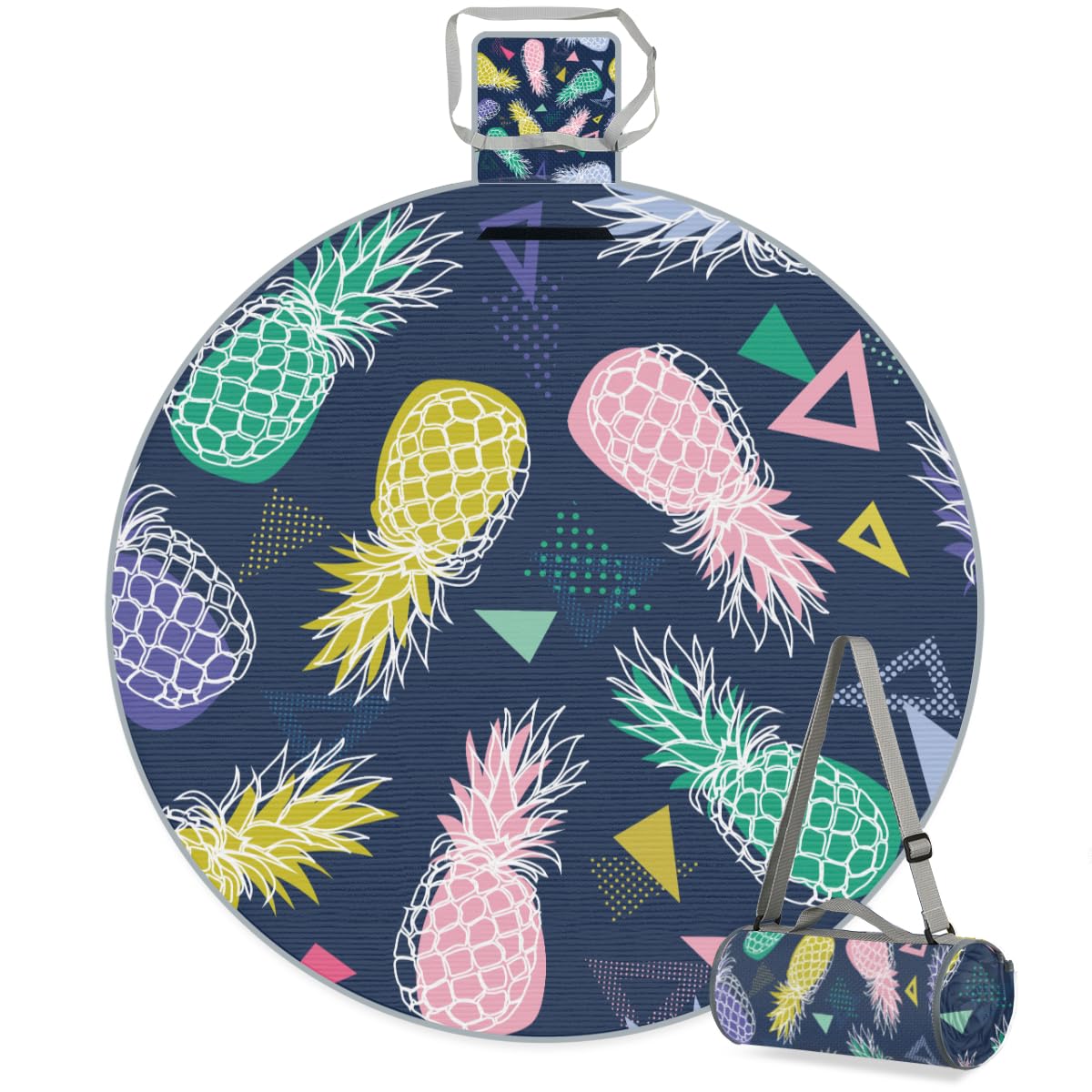 Shimoshe Pineapple Geometric Pattern Picnic Outdoor Blanket Foldable Waterproof Sandproof Beach Blanket Portable Water-Resistant Round Picnic Mat for Travel Camping Park Lawn