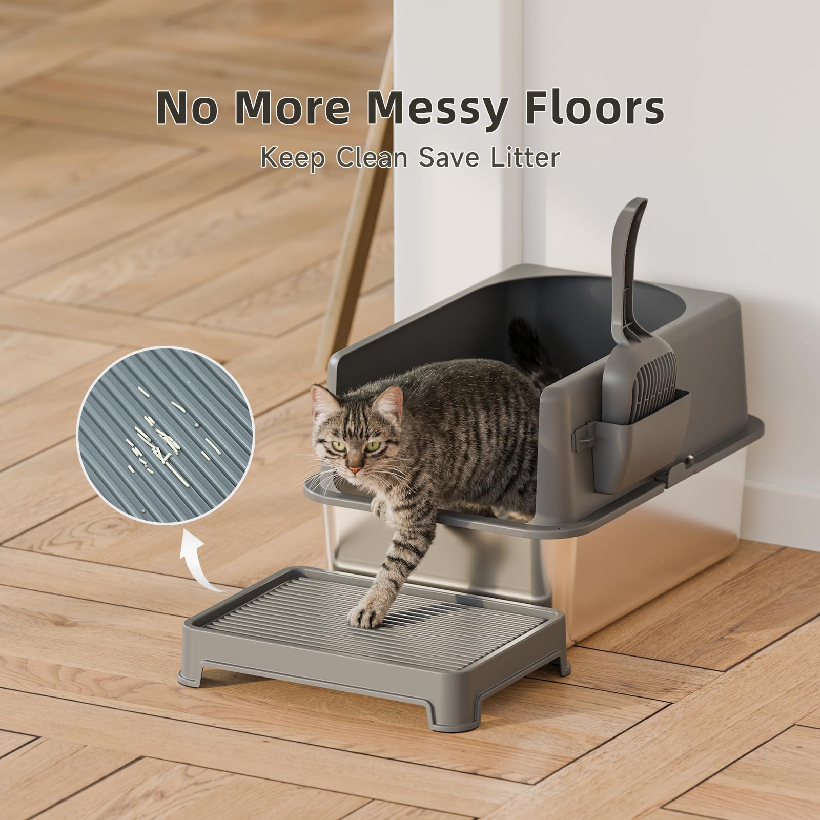 High-Sided Stainless Steel Cat Litter Box,Stainless Steel Litter Box with Lid,Extra Medium Box,Easy-to-Clean Metal Litter Pan for Cats (20''L X 14''W X 12''H with Enclosure) - image 3