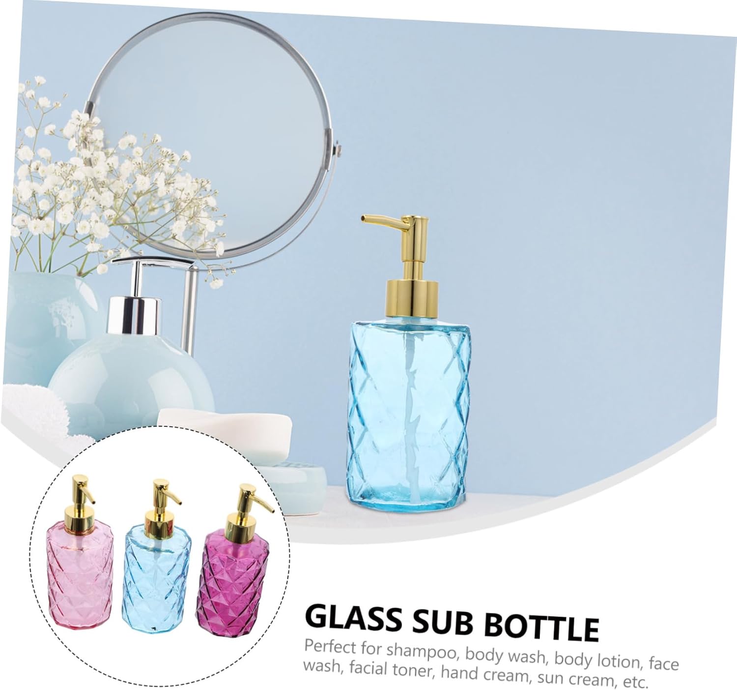 3Pcs Press Pump Glass Dispenser Bottles for Shampoo Lotion Hand and Body Wash Refillable Portable Cosmetic Storage for Bathroom and Travel