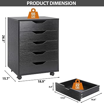 5 Drawer Chest Storage Cabinet Dresser, Wood Nightstand, Mobile Organizer Drawers for Office Bedroom Hallway Entryway Closets,Black