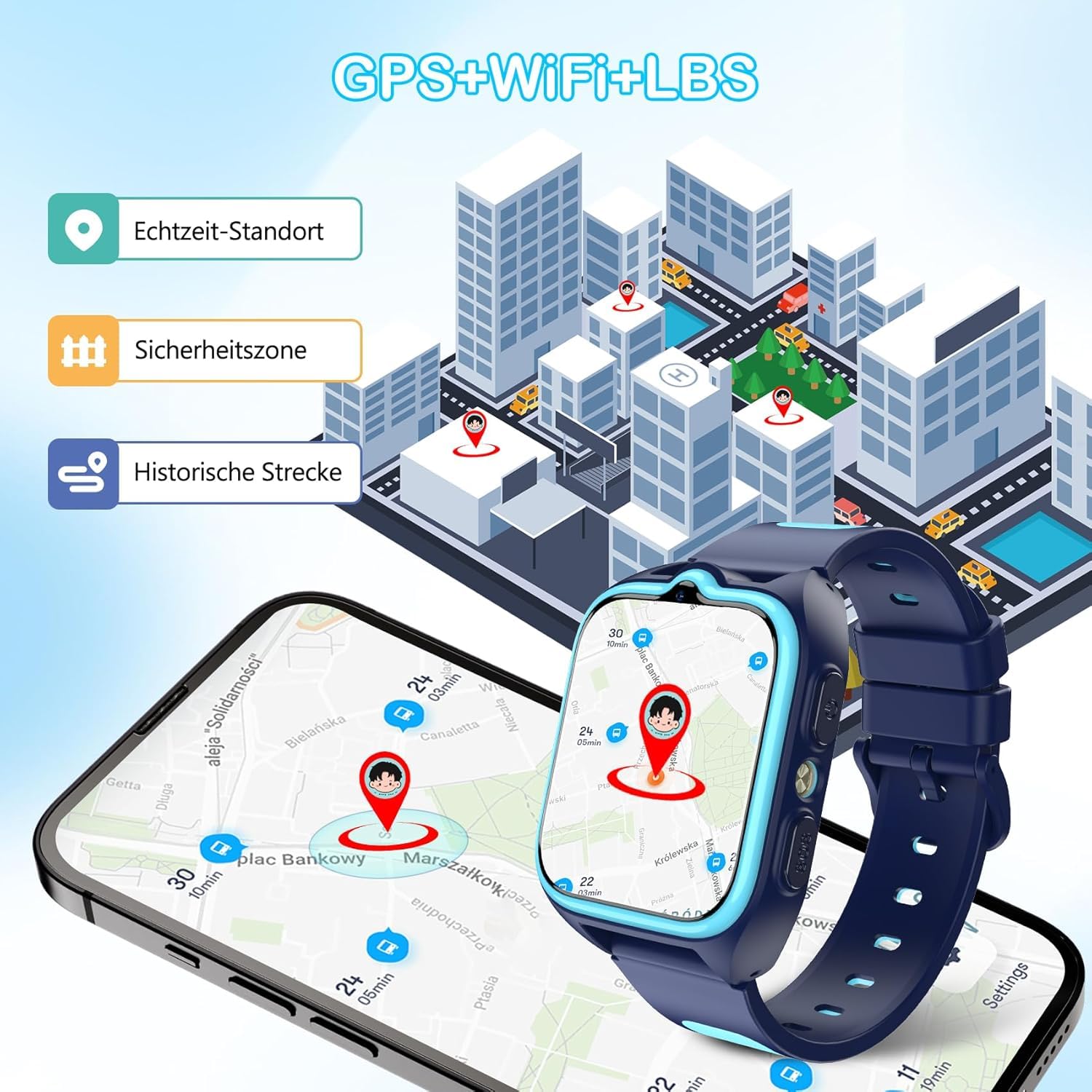 IOWODO Montre Connectée Enfants 4G Wi-FI, GPS, SOS, Enfant Écran HD de 1,83 Pouces, Appels, Appels Vidéo, Chat Vocal, Whatsapp, Étanche IP68, Mode École, Podomètre, Réveil (Bleu)