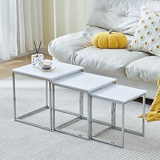 Redd Royal High Glossing Nesting Table Set of 3, Living Room Small Side Sofa Table Coffee Table Set Square Corner Little End Table Stackable Wood with Chrome Frame Legs (Pure White)