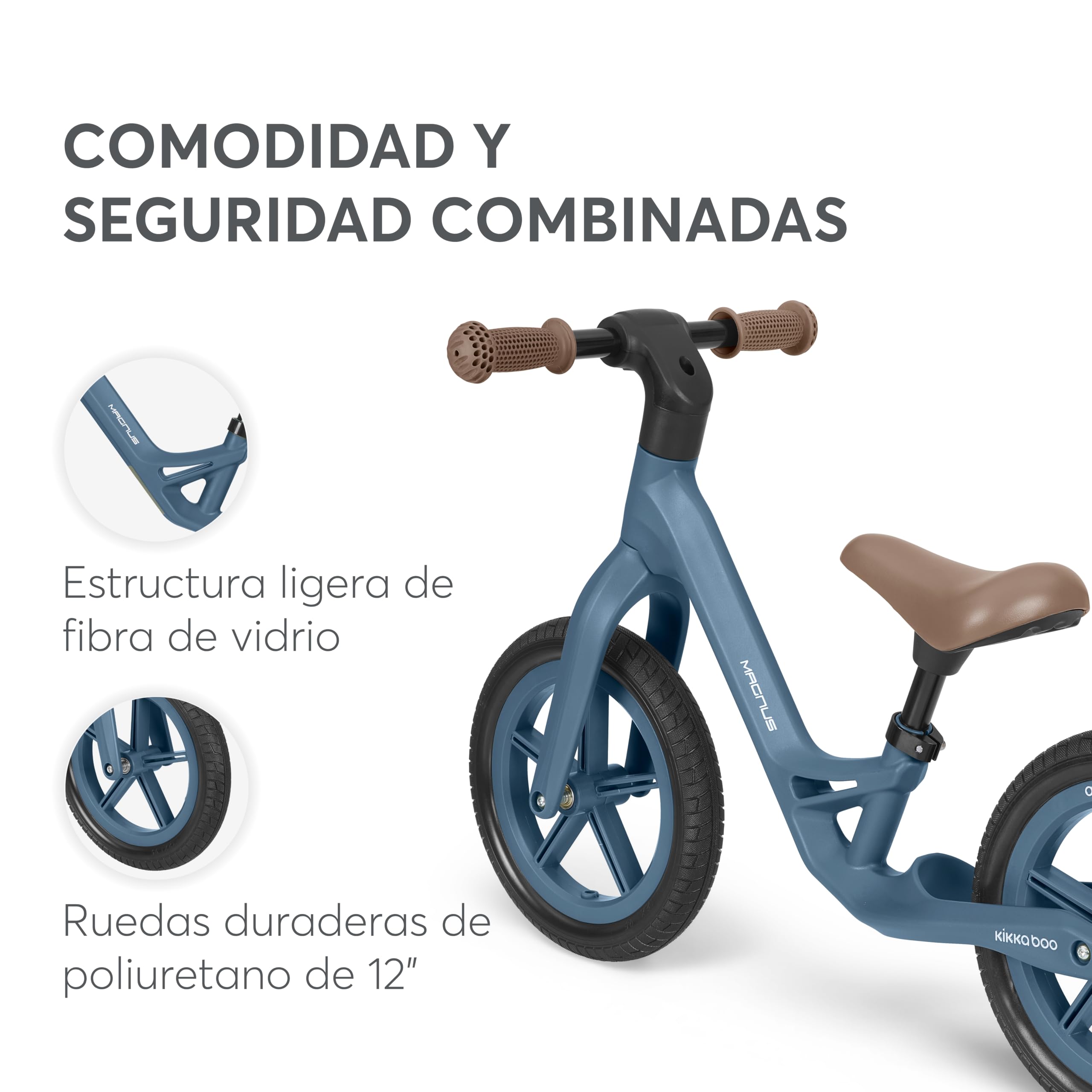 KikkaBoo Magnus Bicicleta sin Pedales para Niños de 3 a 6 Años, Cuadro Ligero de Fibra de Vidrio, Sillín Ajustable, Manillares Antideslizantes, Ruedas PU Resistentes
