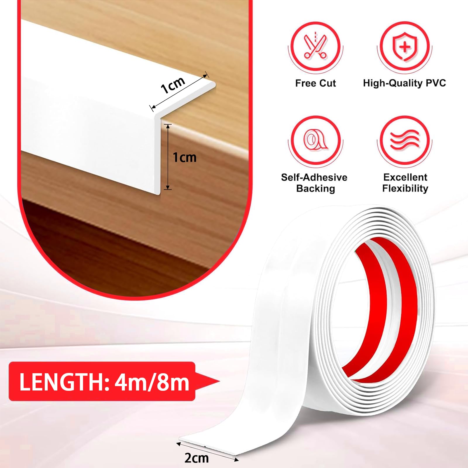 Modanatura decorativa autoadesiva Paraspigoli Muro, Profilo Angolare PVC per Muro, Piastrelle, Porte, Finestre, Bagno (Bianco, 2cm x 4m)