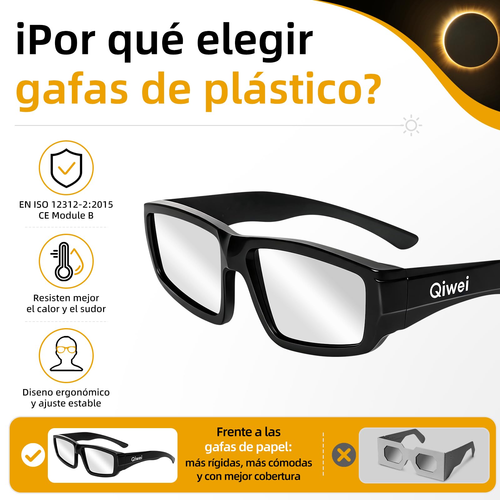 Gafas Eclipse Solar Homologadas 2026 [Pack 3/6] - Certificadas CE & ISO 12312-2:2015 Gafas de plástico eclipses- Protección Premium UV/IR para Eclipse Solar Total del 12 Agosto - Adultos y Niños