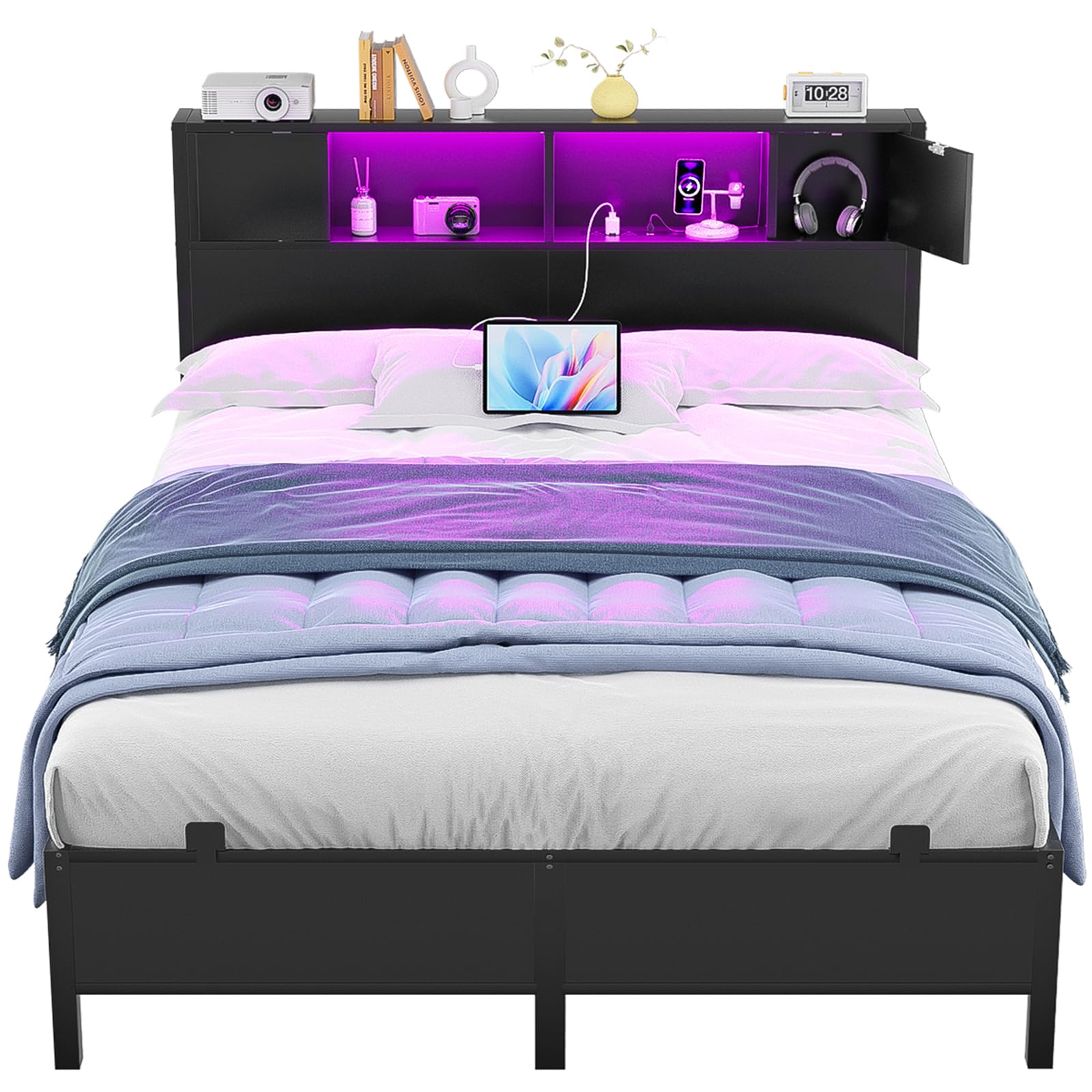 Homieasy Full Size Bed Frame with Storage Headboard and Charging Station, Industrial Platform Metal Bed with LED Lights, Steel Slat Support, No Box