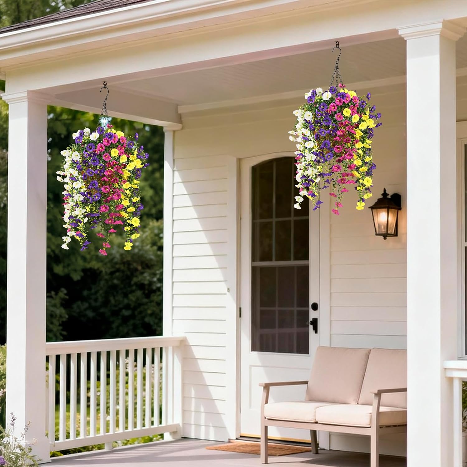 Homsunny Artificial Fake Hanging Flowers Plants Baskets for Outdoor Spring Decoration, Faux Morning Glory Silk Flower for Outside Realise UV Resistant Patio Yard Balcony Porch Home Decor (Mixed 2)