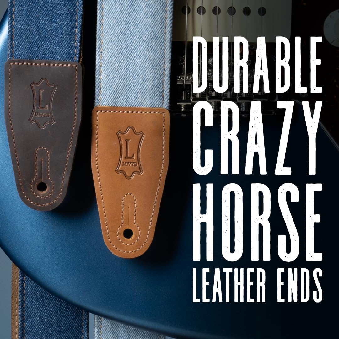 Levy's Leathers Denim Series 2" Wide Guitar Strap with Genuine Leather Ends; Blue (M7DM-BLU) - Image 4
