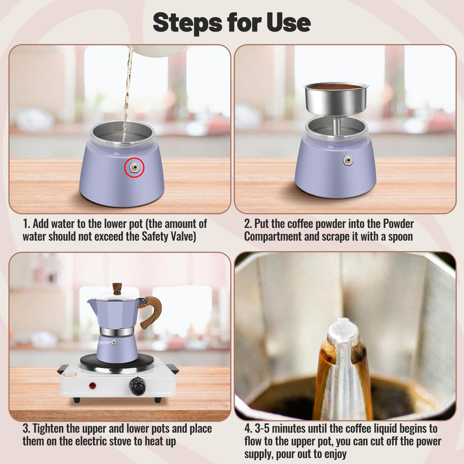 Cafetera moca clásica de aluminio para 3 tazas, 150 ml, cafetera, percoladora, cafetera Mocha Express, cafeteras preferidas para café italiano y cubano, color morado