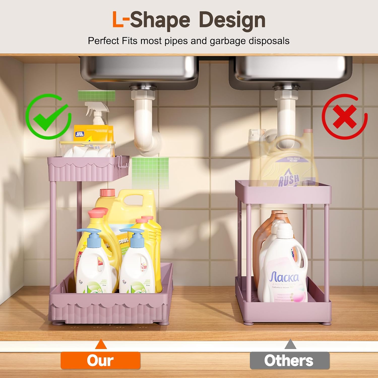 3 Pack Multi-Purpose Under Sink Organizers and Storage, 2026 L-Shaped Pull Out Cabinet Organizer for Bathroom & Kitchen, Under Cabinet Organizer with Hooks Hanging Cup, Pink - Image 2